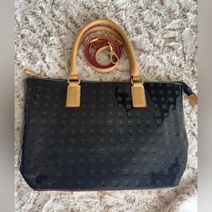 Arcadia Black Patent Satchel crossbody with Tan Handles and Red Trim